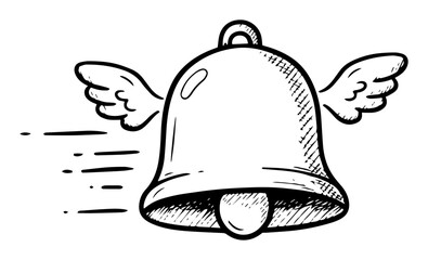 flying notification bell with wings vector sketch illustration