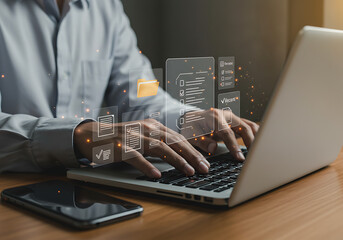 Man Working on Laptop with Digital Document Management System Interface and Mobile Phone on Desk