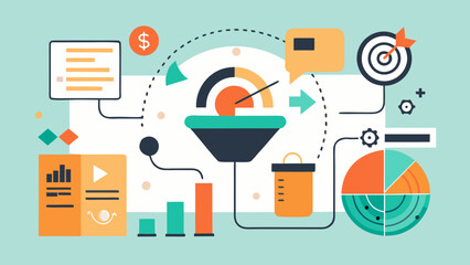 Flat design illustration of sales funnel with data and target elements
