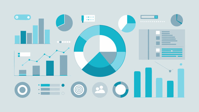 Various business charts and graphs displayed in a light blue color scheme