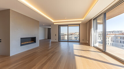 Obraz premium Beautiful living room interior with hardwood floors and fireplace in new luxury home. Large bank of windows