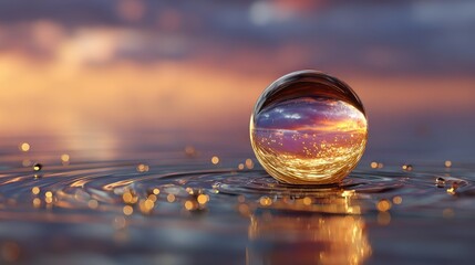 Glass sphere reflecting sunset over water with ripples image