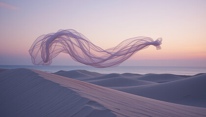 Surreal sunset desert landscape with flowing translucent fabric floating over sand dunes and ocean horizon in soft pastel colors, dreamlike atmosphere and minimal natural beauty