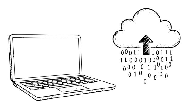 laptop uploading binary data to the cloud vector sketch