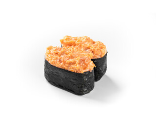 Fresh gunkan sushi with a delicious salmon topping, ready to be enjoyed.
