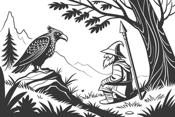 Obraz premium scandinavian folklore gnomes,magical scandinavian creature,illustration style,black and white,highly detailed,pen and ink,fantasy art