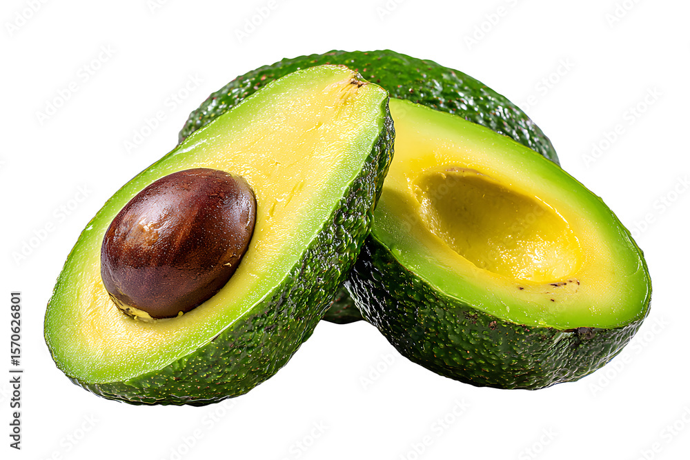 Poster fresh ripe avocado halves and slices isolated on a transparent background view
