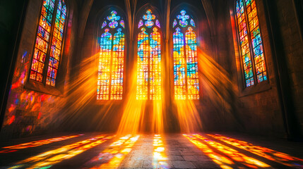 Obraz premium beautiful vibrant stained glass window of the cathedral with piercing rays of bright sunlight shining in the aisle, church, catholic