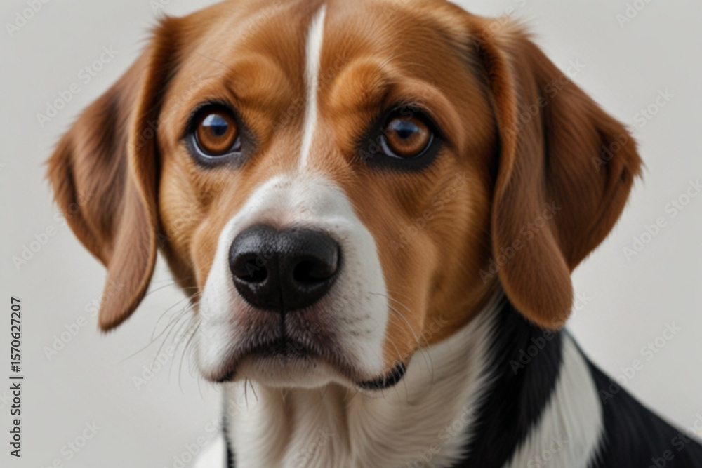 Poster close up portrait of a beagle with brown and white fur and floppy ears looking directly at the viewe