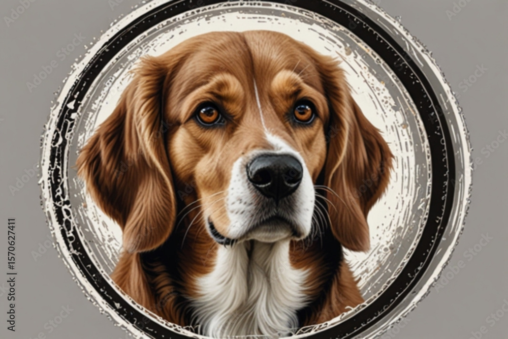 Poster close up portrait of a brown and white beagle dog with a black nose inside a decorative circle creat