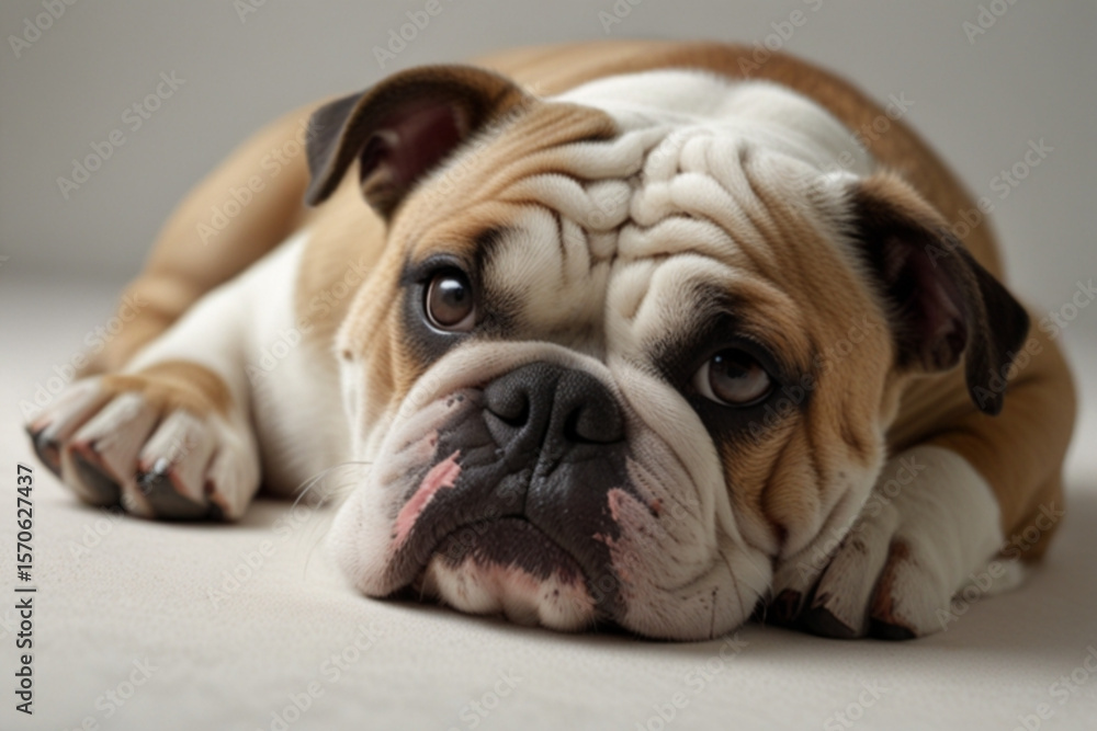 Poster a sleepy bulldog with brown and white fur lies down with a sad expression on its face looking at the