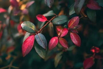 Obraz premium Vibrant Autumn Leaves Close-Up, Close-up of colorful autumn leaves on a bush.