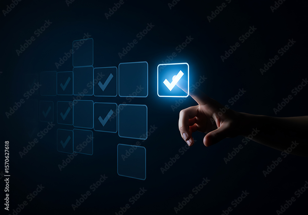 Poster hand pressing a glowing checkmark button on a virtual interface with several other checkmark buttons