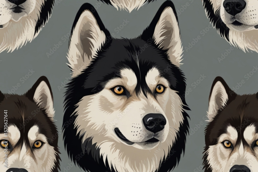 Poster a seamless pattern featuring multiple husky dog faces with black and white fur on a grey background 