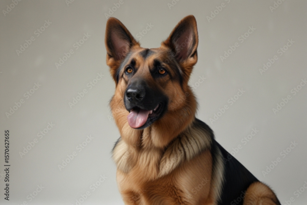 Poster portrait of a german shepherd dog with its tongue out looking up on a plain background in studio sho