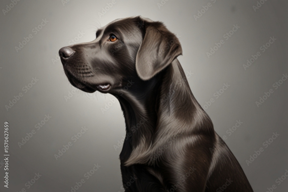 Poster side profile view of a sleek black labrador retriever with a focused gaze on a gray gradient backdro