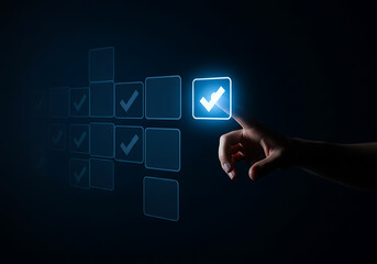 Hand pressing a glowing checkmark button on a virtual interface with several other checkmark buttons in the background