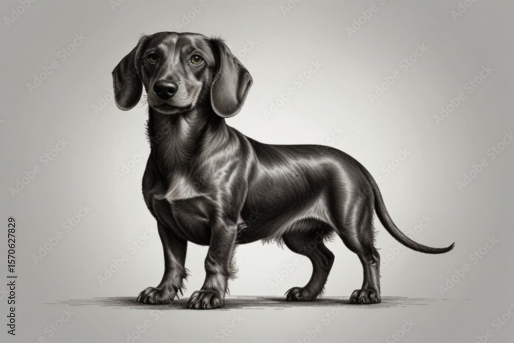 Poster a dachshund with sleek black fur standing against a neutral backdrop in a studio setting with soft l