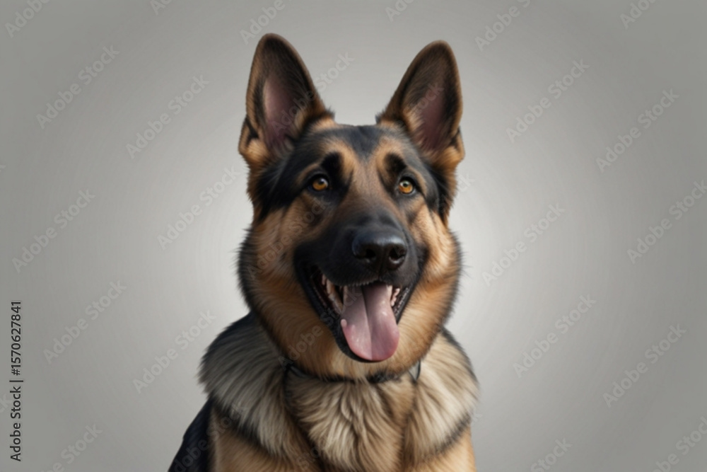 Poster close up portrait of a german shepherd with its tongue out and ears up on a plain light background c