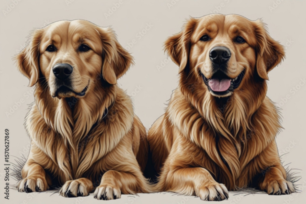 Poster two golden retrievers lying side by side with fluffy fur and friendly expressions in a portrait styl