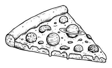 cosmic pizza slice with planets line art
