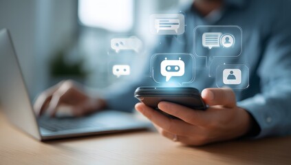 Man using smartphone with digital communication icons representing messaging, email, call, and video chat