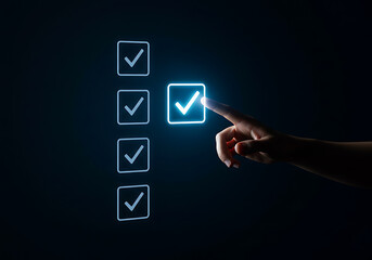 Hand Selecting a Glowing Checkbox on a Digital List on a Dark Blue Background with Modern Design