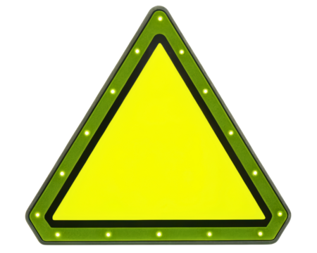 Blank yellow triangular warning sign with a border of LED lights on a transparent background