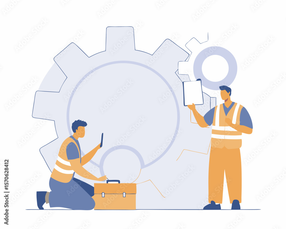 Poster engineers inspecting machinery with gear symbol in background maintenance and technical service conc