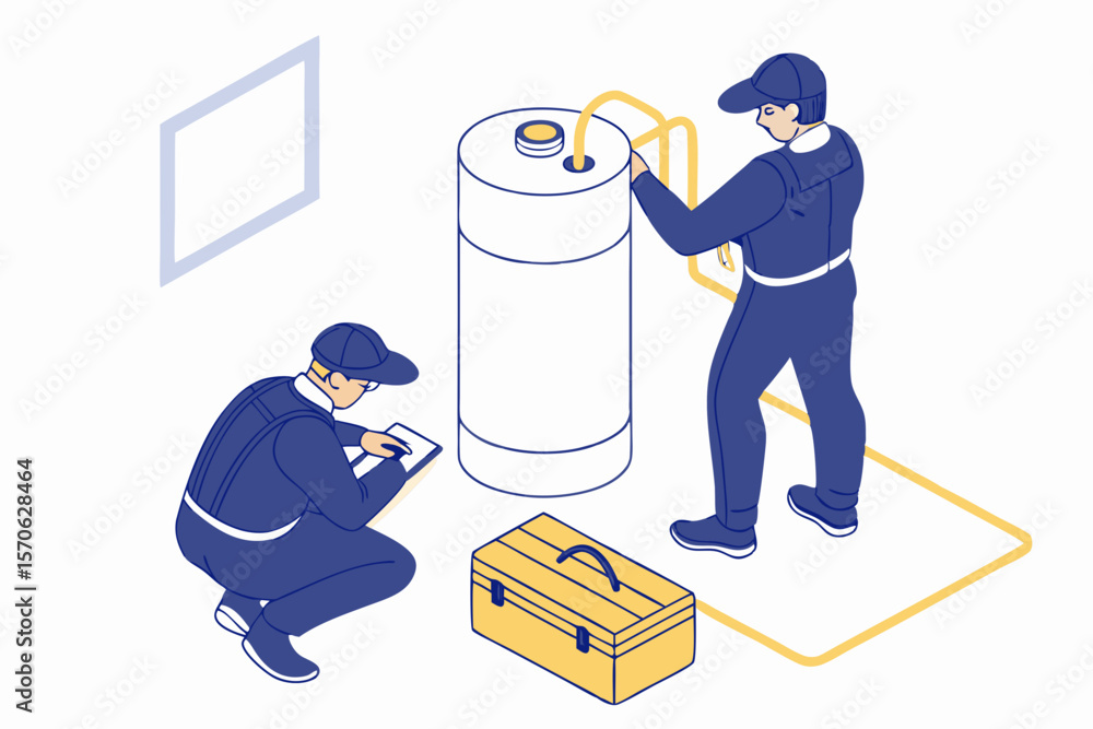 Poster illustration of technicians inspecting a tank system with tools and equipment suitable for various d