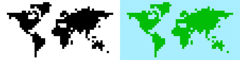 Pixel world map vector, a retro-style global representation for international themes, travel, or digital interfaces. Ideal for gaming, educational content, or nostalgic designs showing global reach.