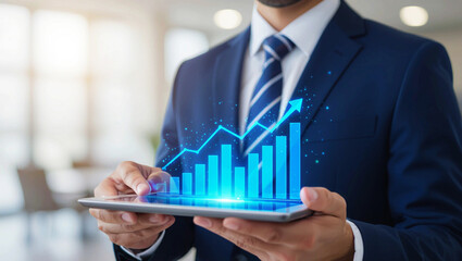 Businessman Analyzing Financial Growth on Tablet Upward Trend, Data Analytics, and Success