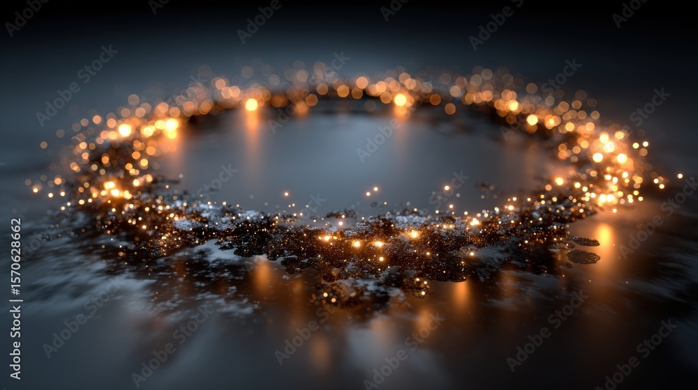 Poster glowing particles forming circular pattern on dark surface abstract background