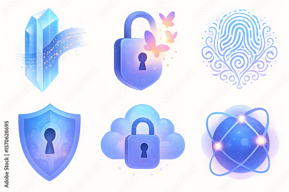 Poster digital security: collection of graphic resources highlighting secure digital concepts, including a 