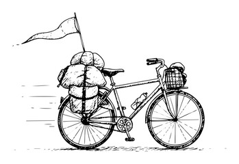 touring bicycle loaded with luggage for travel adventure sketch
