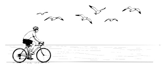 Obraz premium cyclist riding bicycle on the sea coast sketch