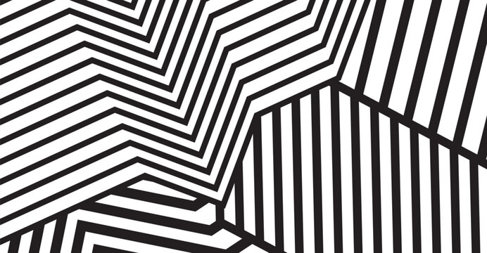 Abstract geometric composition showcasing intersecting black and white stripes forming angular, dynamic shapes, creating a bold and visually stimulating background or design element