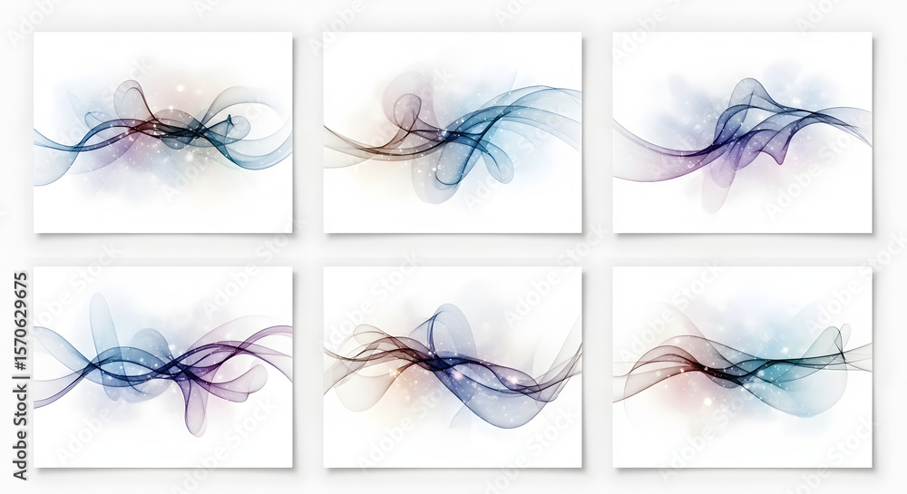 Poster abstract wave set: six unique abstract wave designs, each featuring swirling, translucent lines in a