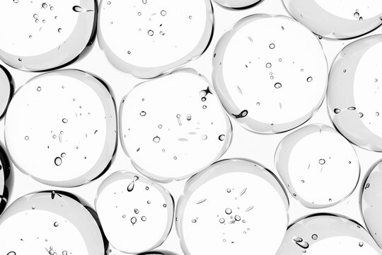 Abstract 3d liquid, water drops, molecules with bubbles on gray background. Concept of cosmetics, science, and medicine. Pattern, template for products, designs, place for text.