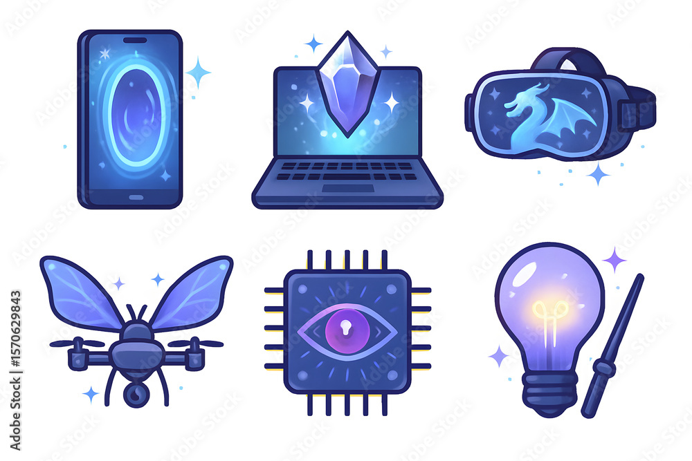 Poster technology and innovation icons: an artistically designed illustration featuring an array of tech-in