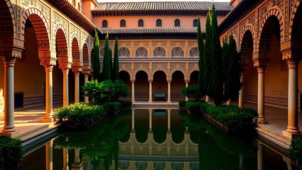 Andalusian Courtyard of Alhambra with Reflections