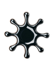 Glossy black metallic splash with iridescent orange reflections forming radial shape on white background. Concept of futuristic material, energy and digital abstraction