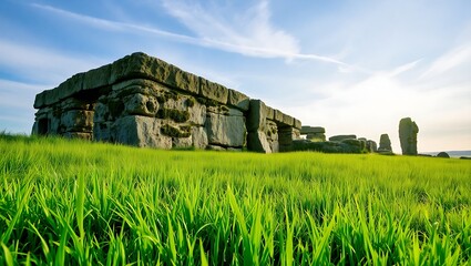 Mystical Morning at Stonehenge in grass field
