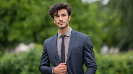 Elegant young man in tailored suit poses confidently in a lush green garden during a sunny afternoon