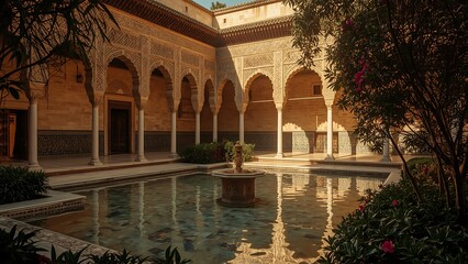 Andalusian Courtyard of Alhambra with Reflections