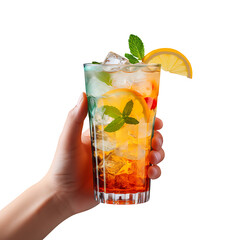 Hand holding glass of iced cocktail isolated on a transparent background