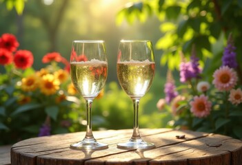 refreshing chilled white wine glasses lush summer garden vibrant flowers greenery, summervibe, wineglass, beverage, picnic, drink, sipping, outdoors