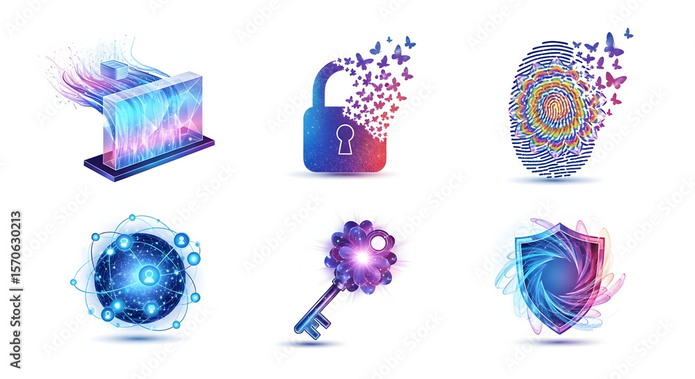 Poster digital security icon set: this image features a collection of creatively designed digital security 