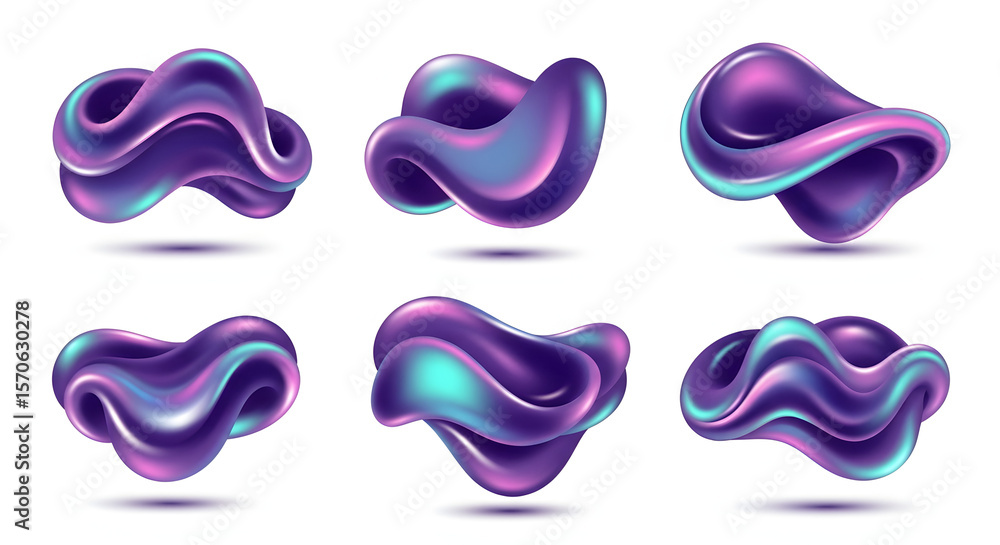 Poster iridescent blob set: an array of six iridescent blob forms showcase liquid, curvy shapes with vibran