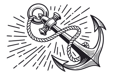 detailed anchor with rope, sunburst background, vintage etching style, black and white, high contrast, intricate design, woodcut illustration